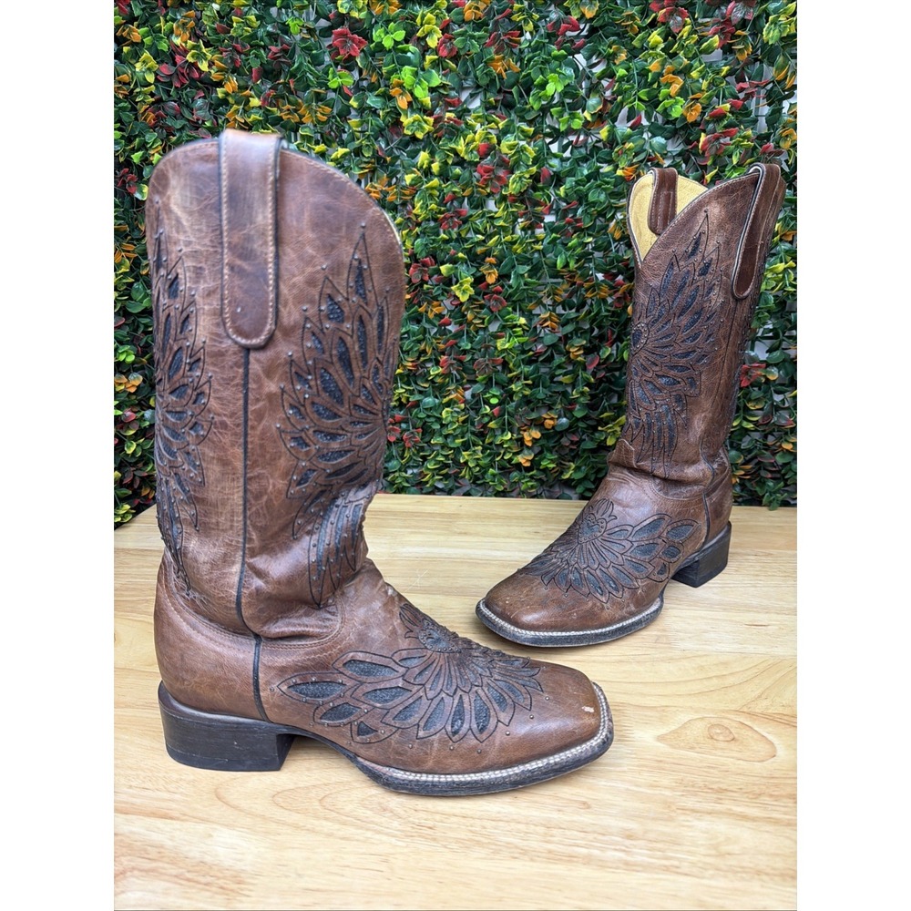 Cavenders Cowboy Brown Boots Crystals Fabric Inlay Snip Toe Women's 9 9B Shoes